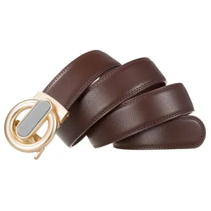 Close-up detail of the brown leather automatic buckle belt, showcasing fine texture and stitching.