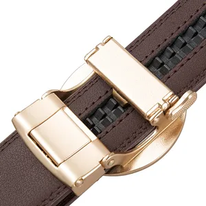 Detailed view of brown leather belt buckle with automatic ratchet track design, stylish hardware.