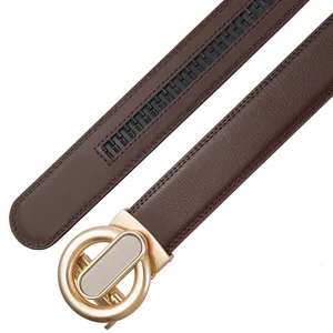 Men's brown leather belt with gold automatic buckle, stylish casual business belt detail.