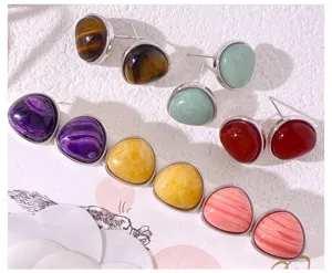 Colorful Natural Stone Stud Earrings Stainless Steel Fashion Jewelry Set Detail Close Up