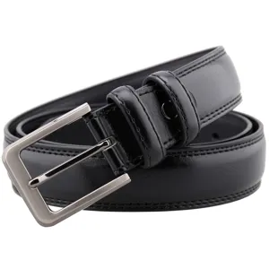 Men's black leather belt with silver pin buckle, detailed stitching, minimalist design.