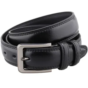Classic men's black leather belt with silver pin buckle, stylish and versatile design.