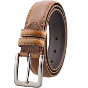 Brown men's leather belt with classic pin buckle and stylish contrast stitching for casual wear.