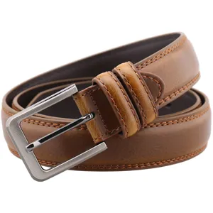 Men's brown leather belt detail, classic metal pin buckle and durable cowhide material.