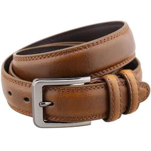 Classic brown men's leather belt with stylish metal pin buckle and neat double loop details.