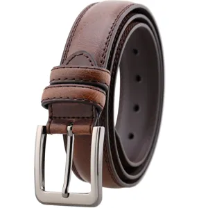 Men brown leather belt with silver pin buckle, classic business casual design, detailed view.