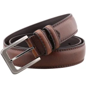 Men's brown leather belt with silver pin buckle, stylish casual business pants belt.