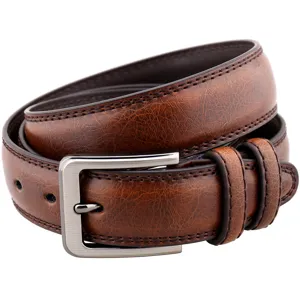 Men's brown leather belt with metal pin buckle, classic vintage casual dress belt for jeans.