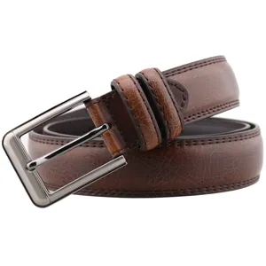 Men's casual leather belt with metal pin buckle, classic brown design for business and jeans.