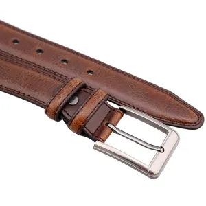 Men brown leather belt with silver pin buckle, classic business casual trousers waist belt.