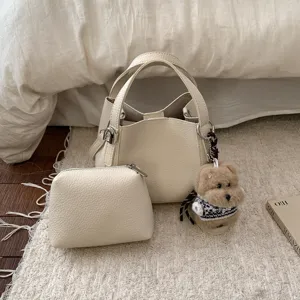 Retro Litchi Pattern PU Leather Bucket Bag For Women Fashion Casual Handbag Shoulder Crossbody Bag With Small Pouch