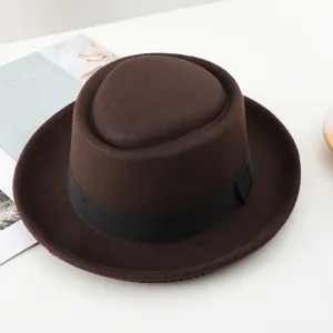 Classic brown wool felt fedora hat with black ribbon, vintage British style jazz hat for women.