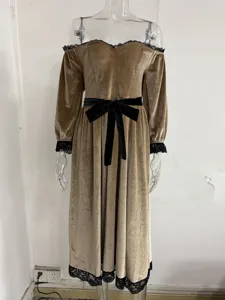 Off-shoulder velvet midi dress with black lace trim and bow knot for elegant evening party