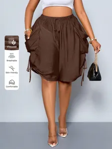 Stylish high-waist women's brown harem shorts with drawstring pockets, breathable viscose fabric.