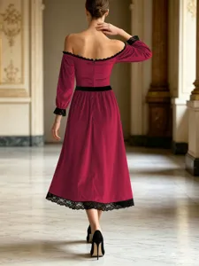 Elegant off-shoulder velvet midi dress featuring chic black lace trim for evening party.