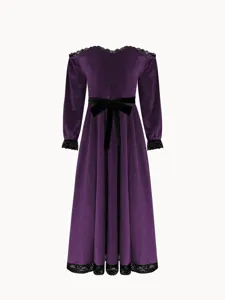 Purple velvet fabric detail with black lace trim and waist bow for elegant dresses.