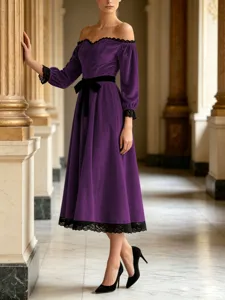 Elegant off-the-shoulder velvet midi dress with lace trim and bow waist for evening parties.