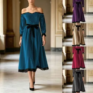 Elegant Off Shoulder Lace Trim Velvet Midi Dress Slim Fit Evening Party Gown With Bow Knot Fashion Gown For Women Outfits