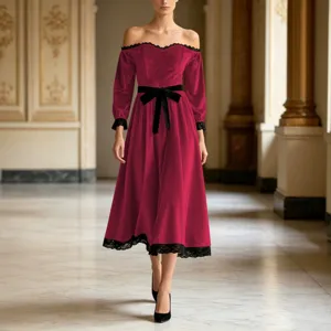 Off-shoulder velvet midi dress with black lace trim and bow waist for elegant evening party wear