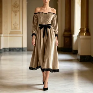Off-shoulder velvet midi dress with lace trim and bow waist for women elegant party wear