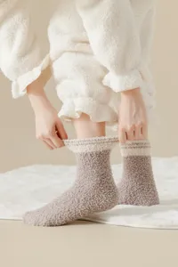 Cozy coral fleece sleep socks for women, warm winter non-slip soft floor socks for home use.