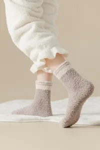 Women cozy fuzzy coral fleece home socks anti slip winter warm sleep socks mid tube design