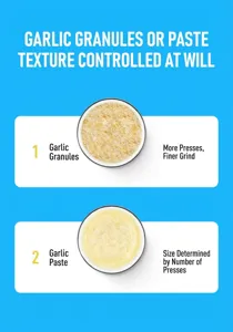 Manual garlic press chopper kitchen tool detail showing fine paste and coarse pieces results.