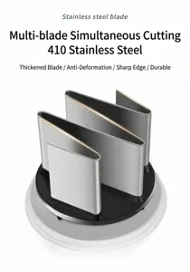 Stainless steel multi-blade detail showing sharp cutting edges and sturdy black plastic base.