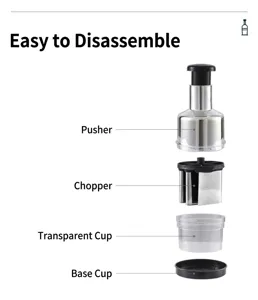 Exploded view of manual garlic chopper showing pusher, blade, transparent cup and base parts.