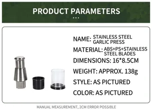 Stainless steel manual garlic press detail view showing compact size, blades and container.
