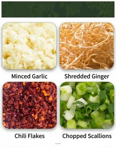 Kitchen vegetable chopper accessory showing cutting results for minced garlic, ginger, chili and scallions.