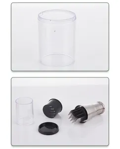 Detailed view of stainless steel scallion cutter components, transparent protective storage tube.