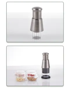 Stainless steel garlic press detail view, manual kitchen chopper and food slicer tool.
