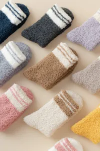 Cozy fuzzy coral fleece winter sleeping socks detail showcasing soft plush texture and striped cuffs.