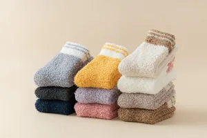Soft fuzzy coral fleece sleep socks detail, warm winter thermal floor socks for women.