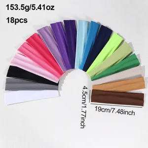 18pcs solid color elastic sports headband detail view, sweat-absorbing yoga hair band show.