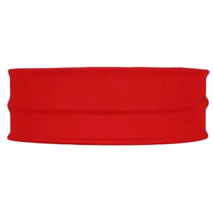 Red sports headband detail, elastic sweat-absorbing knit fabric for yoga and fitness.