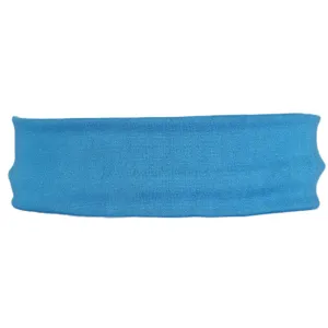Blue knitted sweatband detail view, high elasticity solid color headband for sports yoga.