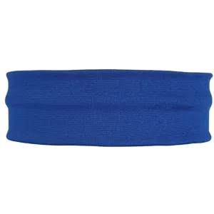 Close-up detail of blue elastic sports headband, stretchable sweatband for yoga and fitness.