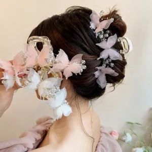 Large Hair Claw Clip Mesh Butterfly Artificial Pearl Rhinestone Shark Clip Elegant Hair Accessories For Women Daily Wear