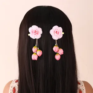 Charming pink fabric flower hair clip with delicate bud tassels, perfect for Hanfu styling.