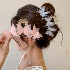 Elegant butterfly hair claw clip for women, large mesh shark clip with pearls hair accessories.