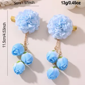 Blue fabric flower hair clip with hanging buds, ancient style Hanfu hairpin accessory detail view.