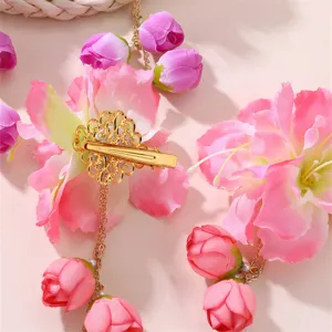 Pink Hanfu silk flower hair clip with gold tassel chains for traditional Chinese ancient style.