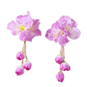 Purple fabric flower hair clips with elegant tassels for Chinese Hanfu styling and daily wear.