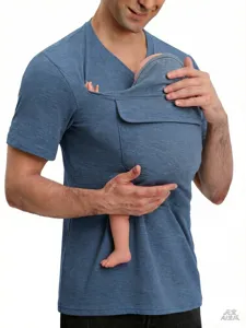 Men kangaroo baby carrier short sleeve T-shirt detail view, soft breathable fabric pocket.