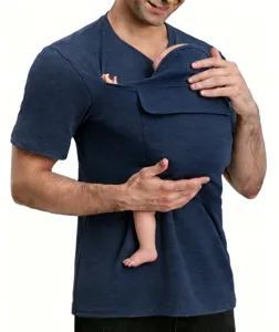 Men's kangaroo dad baby carrier t-shirt short sleeve casual top comfortable blue outfit