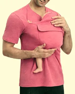 Detail view of the kangaroo dad baby carrier t-shirt front pocket design for fathers.