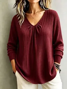 Casual V-neck long sleeve solid color sweater for women, perfect for autumn and winter daily wear.
