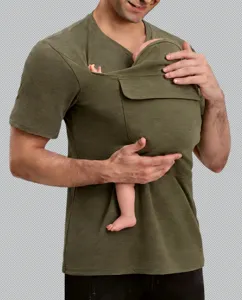 Close-up detail of men's kangaroo pocket short sleeve t-shirt for baby holding dad styling.